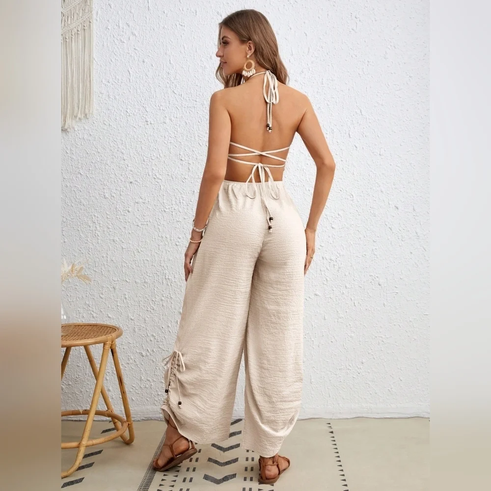 Women's Solid Color Cross Halter Strap Jumpsuit - Picture 2 of 6